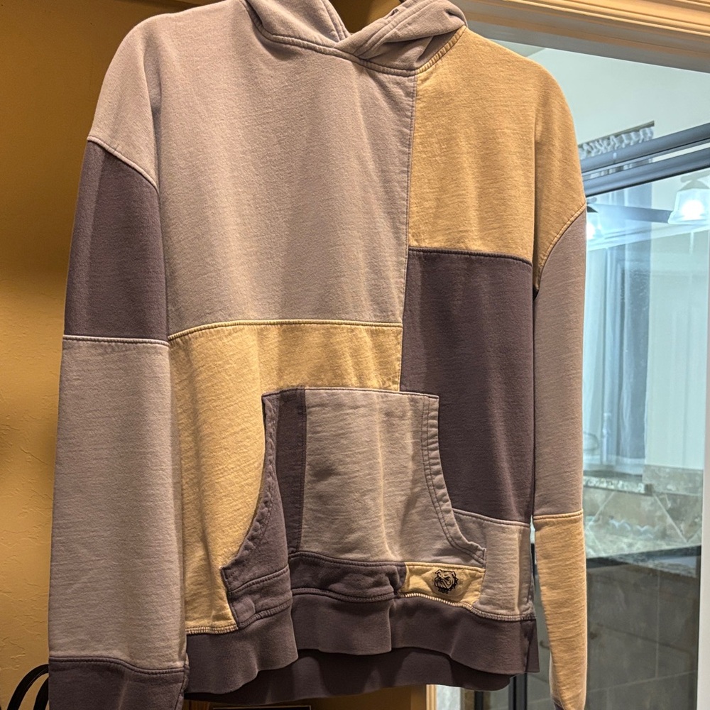 BDG Patchwork Hoodie in light blue, navy, and gray